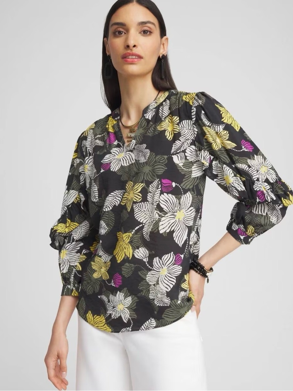 Chico's Black Floral Ruffle Sleeve Blouse